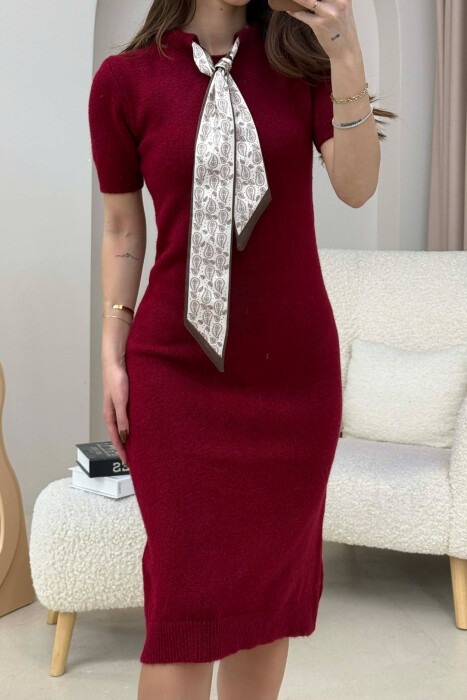 SHORT SLEEVES SCARF DETAIL KNIT WOMEN DRESS BURGUNDY/VISHNJE - 3