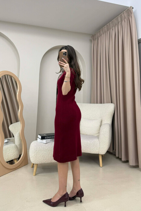 SHORT SLEEVES SCARF DETAIL KNIT WOMEN DRESS BURGUNDY/VISHNJE - 4