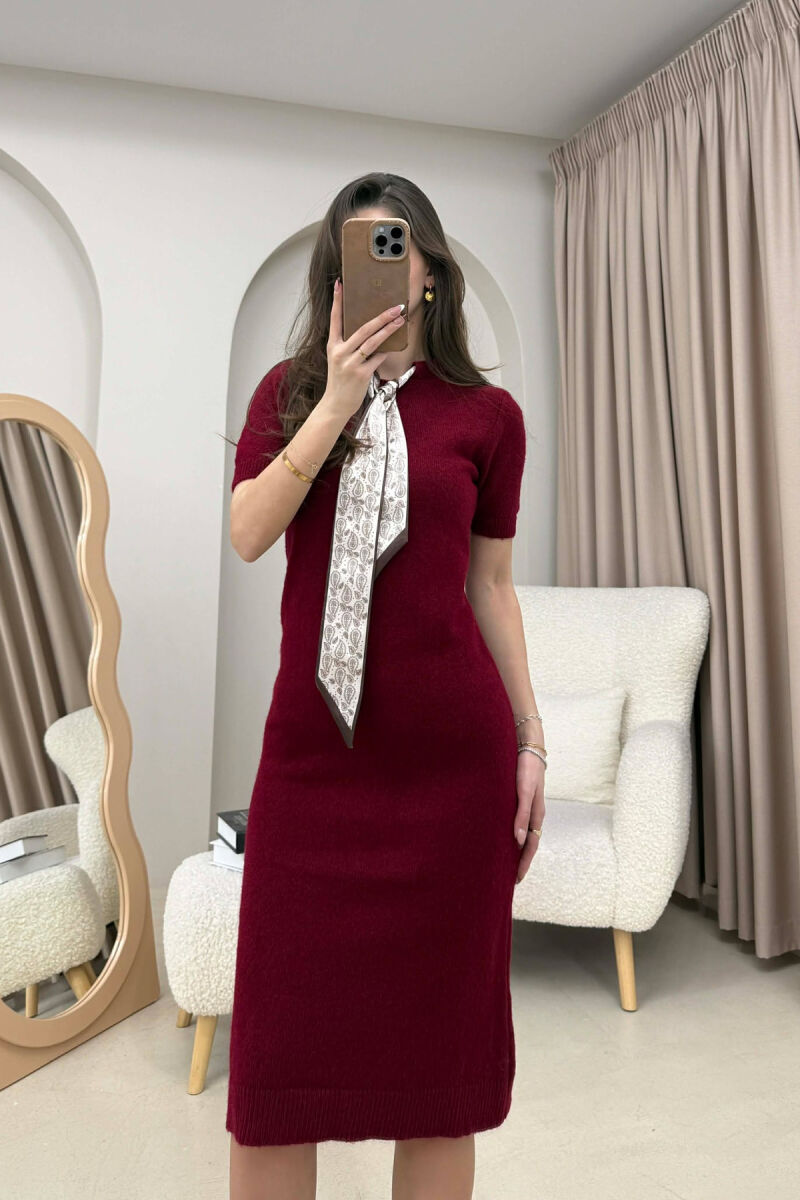 SHORT SLEEVES SCARF DETAIL KNIT WOMEN DRESS BURGUNDY/VISHNJE - 5