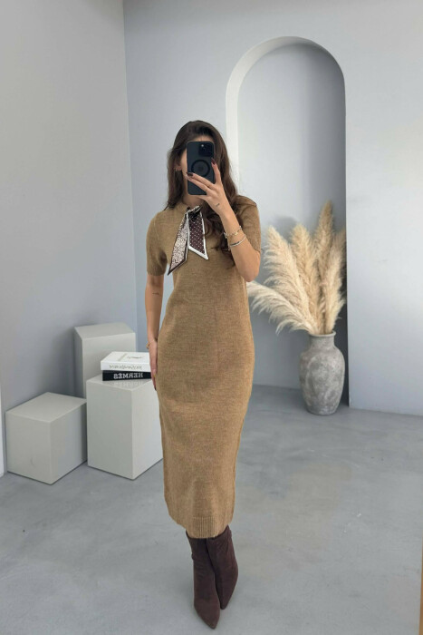SHORT SLEEVES SCARF DETAIL KNIT WOMEN DRESS LIGHT BROWN/KAZB - KLAUDIO FASHION