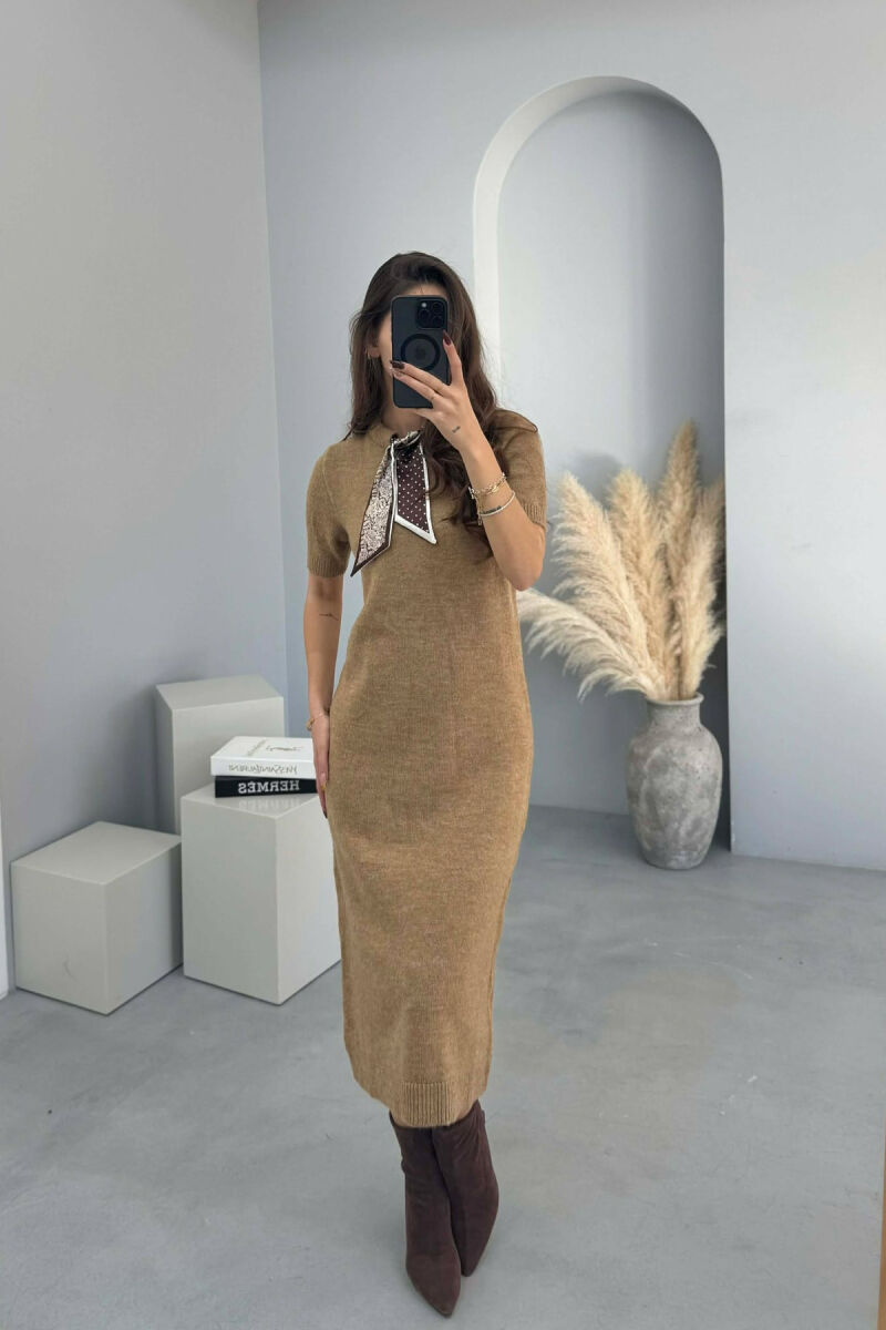 SHORT SLEEVES SCARF DETAIL KNIT WOMEN DRESS LIGHT BROWN/KAZB - 1
