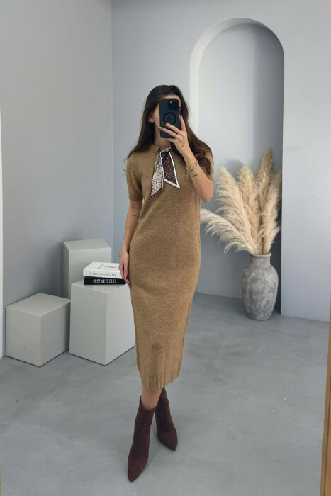 SHORT SLEEVES SCARF DETAIL KNIT WOMEN DRESS LIGHT BROWN/KAZB - 2