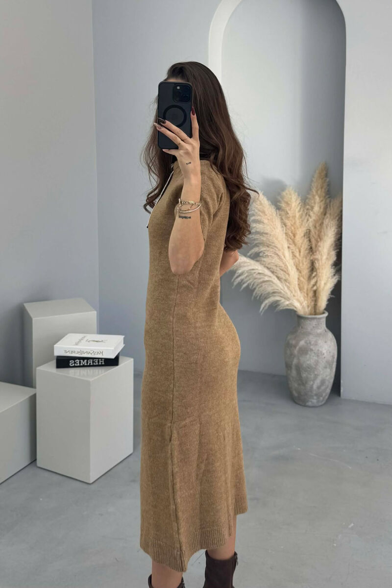 SHORT SLEEVES SCARF DETAIL KNIT WOMEN DRESS LIGHT BROWN/KAZB - 3