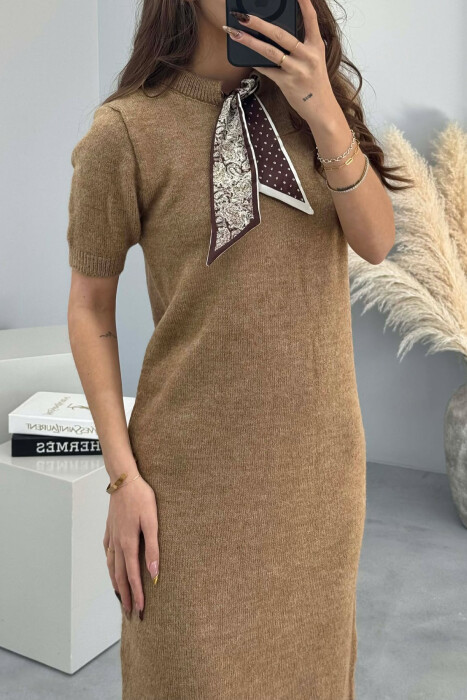 SHORT SLEEVES SCARF DETAIL KNIT WOMEN DRESS LIGHT BROWN/KAZB - 4