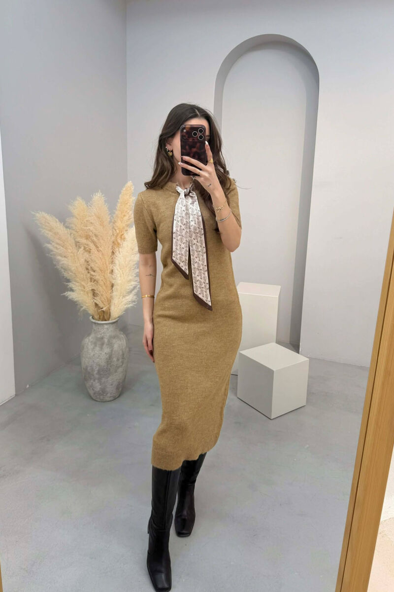 SHORT SLEEVES SCARF DETAIL KNIT WOMEN DRESS LIGHT BROWN/KAZB - 1