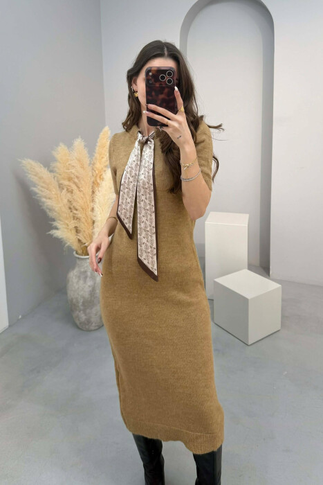 SHORT SLEEVES SCARF DETAIL KNIT WOMEN DRESS LIGHT BROWN/KAZB - 2