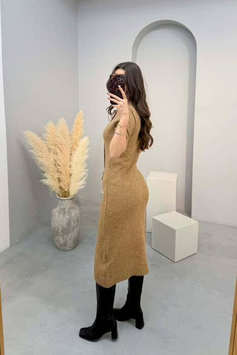 SHORT SLEEVES SCARF DETAIL KNIT WOMEN DRESS LIGHT BROWN/KAZB - 4
