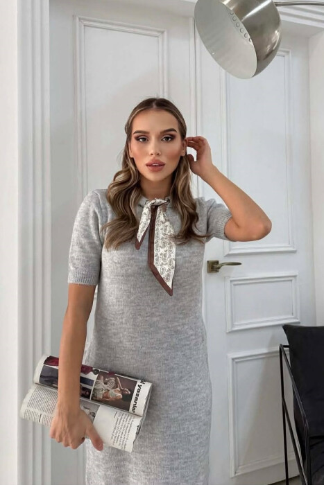SHORT SLEEVES SCARF DETAIL KNIT WOMEN DRESS LIGHT GREY/GZ - 2