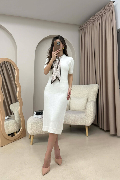 SHORT SLEEVES SCARF DETAIL KNIT WOMEN DRESS WHITE-E BARDHE 