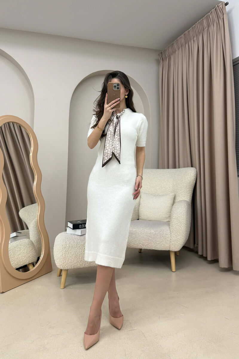 SHORT SLEEVES SCARF DETAIL KNIT WOMEN DRESS WHITE-E BARDHE - 1