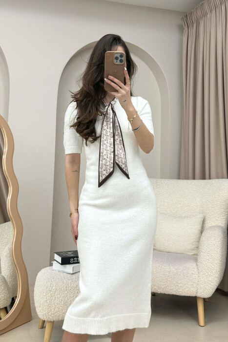 SHORT SLEEVES SCARF DETAIL KNIT WOMEN DRESS WHITE-E BARDHE - 2
