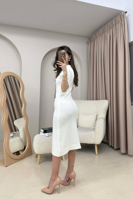 SHORT SLEEVES SCARF DETAIL KNIT WOMEN DRESS WHITE-E BARDHE - 3