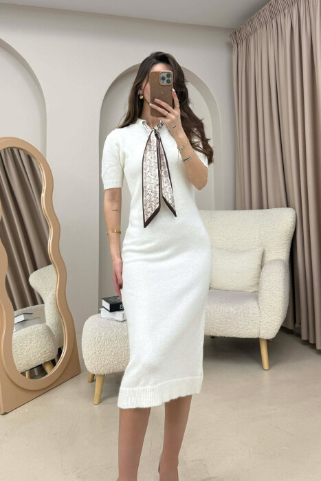 SHORT SLEEVES SCARF DETAIL KNIT WOMEN DRESS WHITE-E BARDHE - 4