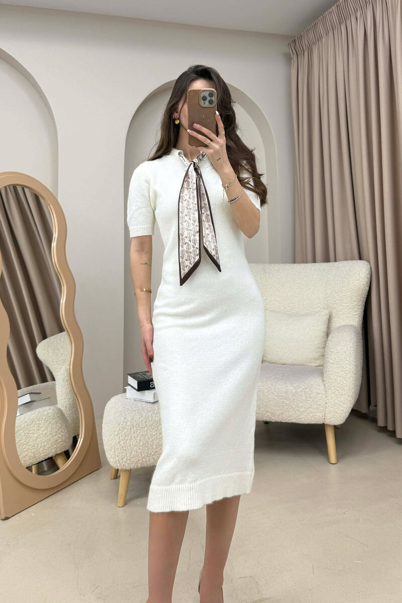 SHORT SLEEVES SCARF DETAIL KNIT WOMEN DRESS WHITE-E BARDHE - 4