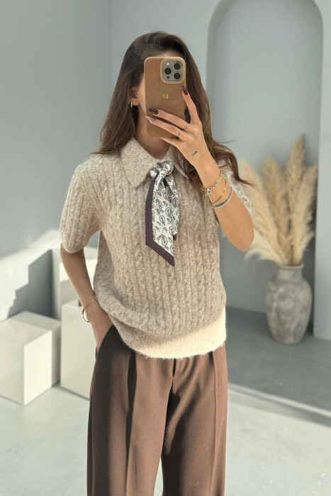 SHORT SLEEVES SCARF DETAIL WOMEN SWEATER BEIGE/BEZHE - KLAUDIO FASHION