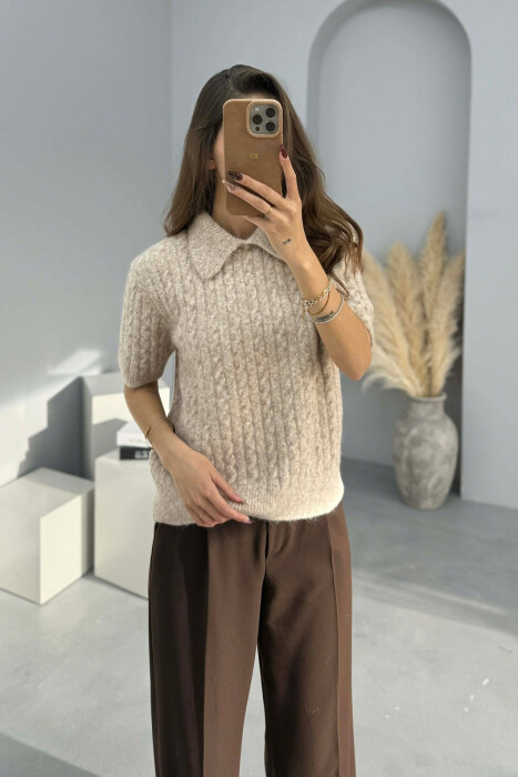 SHORT SLEEVES SCARF DETAIL WOMEN SWEATER BEIGE/BEZHE - 2