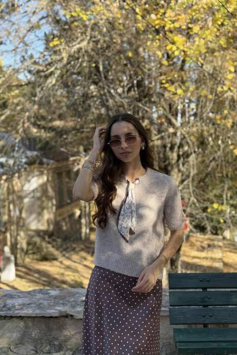 SHORT SLEEVES SCARF DETAIL WOMEN SWEATER BEIGE/BEZHE - 2