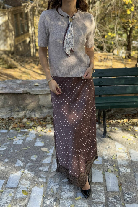 SHORT SLEEVES SCARF DETAIL WOMEN SWEATER BEIGE/BEZHE - 5