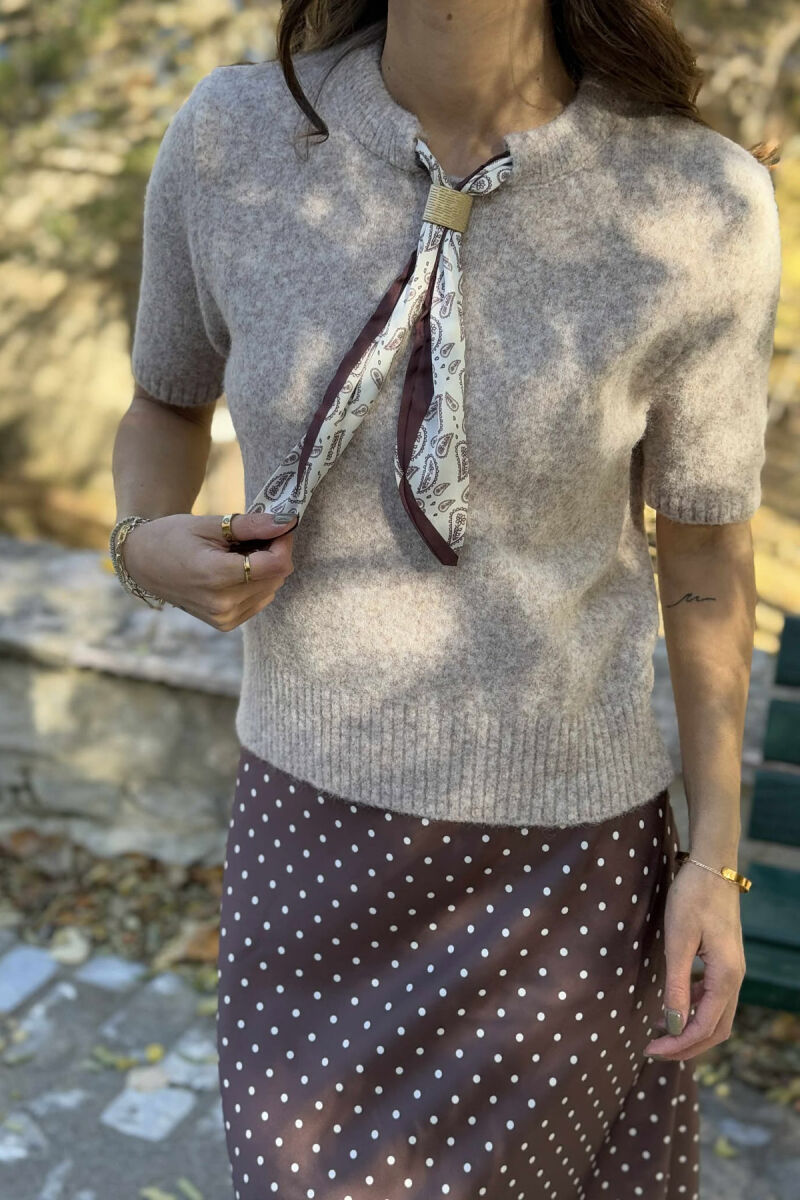 SHORT SLEEVES SCARF DETAIL WOMEN SWEATER BEIGE/BEZHE - 4