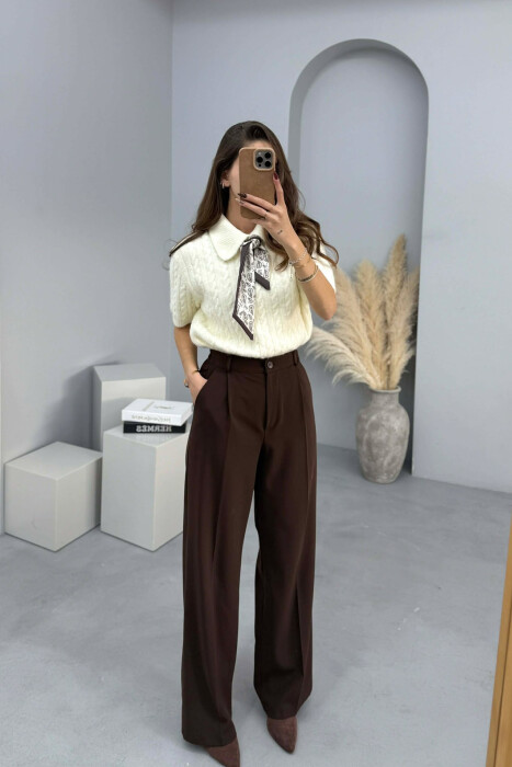 SHORT SLEEVES SCARF DETAIL WOMEN SWEATER CREAM/KREM - KLAUDIO FASHION