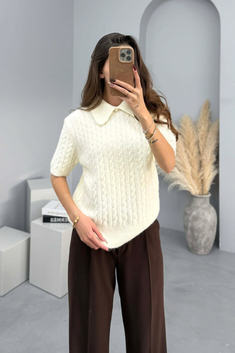 SHORT SLEEVES SCARF DETAIL WOMEN SWEATER CREAM/KREM - 2