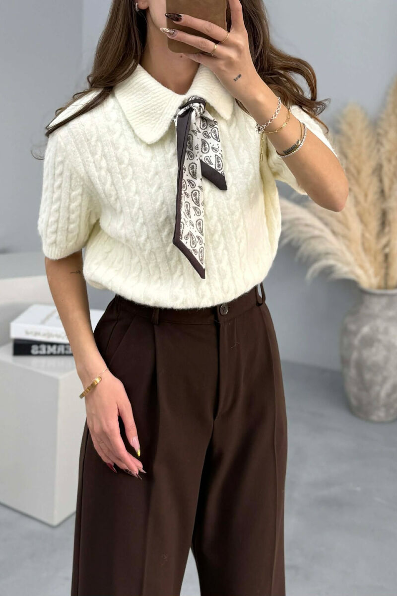SHORT SLEEVES SCARF DETAIL WOMEN SWEATER CREAM/KREM - 4