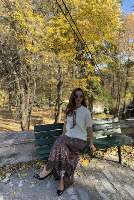 SHORT SLEEVES SCARF DETAIL WOMEN SWEATER CREAM/KREM - 3