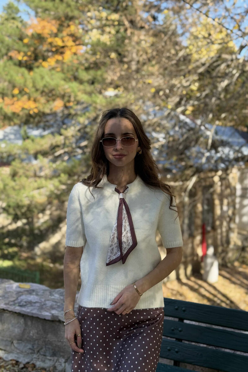 SHORT SLEEVES SCARF DETAIL WOMEN SWEATER CREAM/KREM - 2