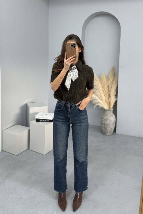 SHORT SLEEVES SCARF DETAIL WOMEN SWEATER DARK BROWN/KAE - 1