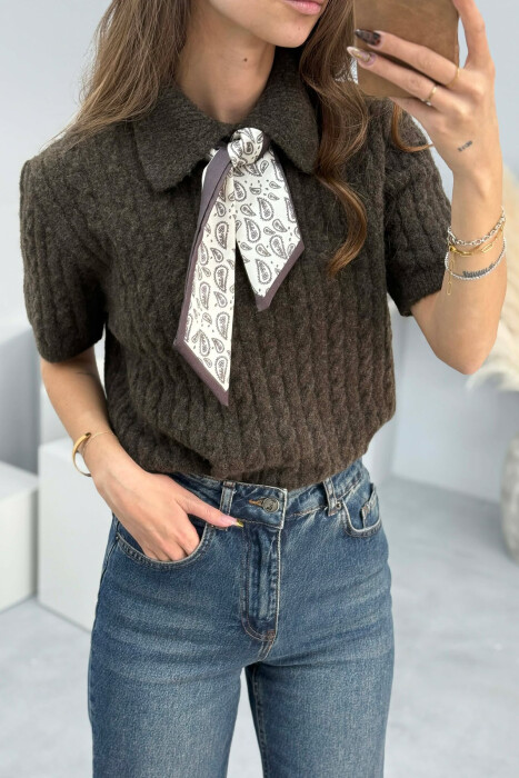 SHORT SLEEVES SCARF DETAIL WOMEN SWEATER DARK BROWN/KAE - 2