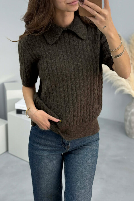 SHORT SLEEVES SCARF DETAIL WOMEN SWEATER DARK BROWN/KAE - 3