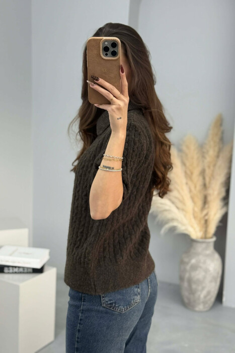 SHORT SLEEVES SCARF DETAIL WOMEN SWEATER DARK BROWN/KAE - 4