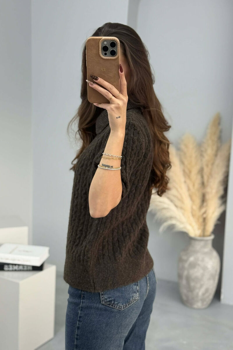 SHORT SLEEVES SCARF DETAIL WOMEN SWEATER DARK BROWN/KAE - 4