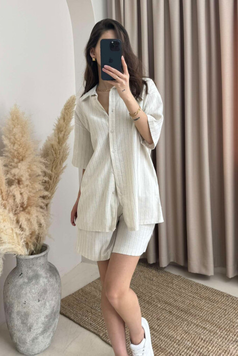 SHORT SLEEVES SHIRT+SHORT SWEATPANTS WOMEN SET CREAM+BLUE/KREM-BLU - 6