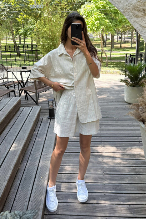 SHORT SLEEVES SHIRT+SHORT SWEATPANTS WOMEN SET CREAM+BLUE/KREM-BLU - 1