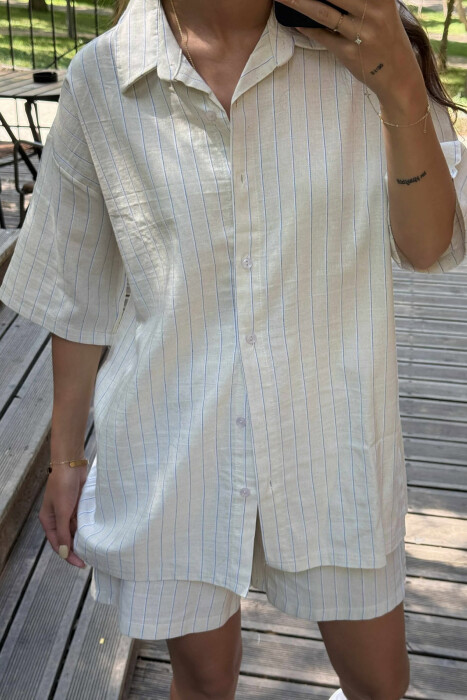 SHORT SLEEVES SHIRT+SHORT SWEATPANTS WOMEN SET CREAM+BLUE/KREM-BLU - 4