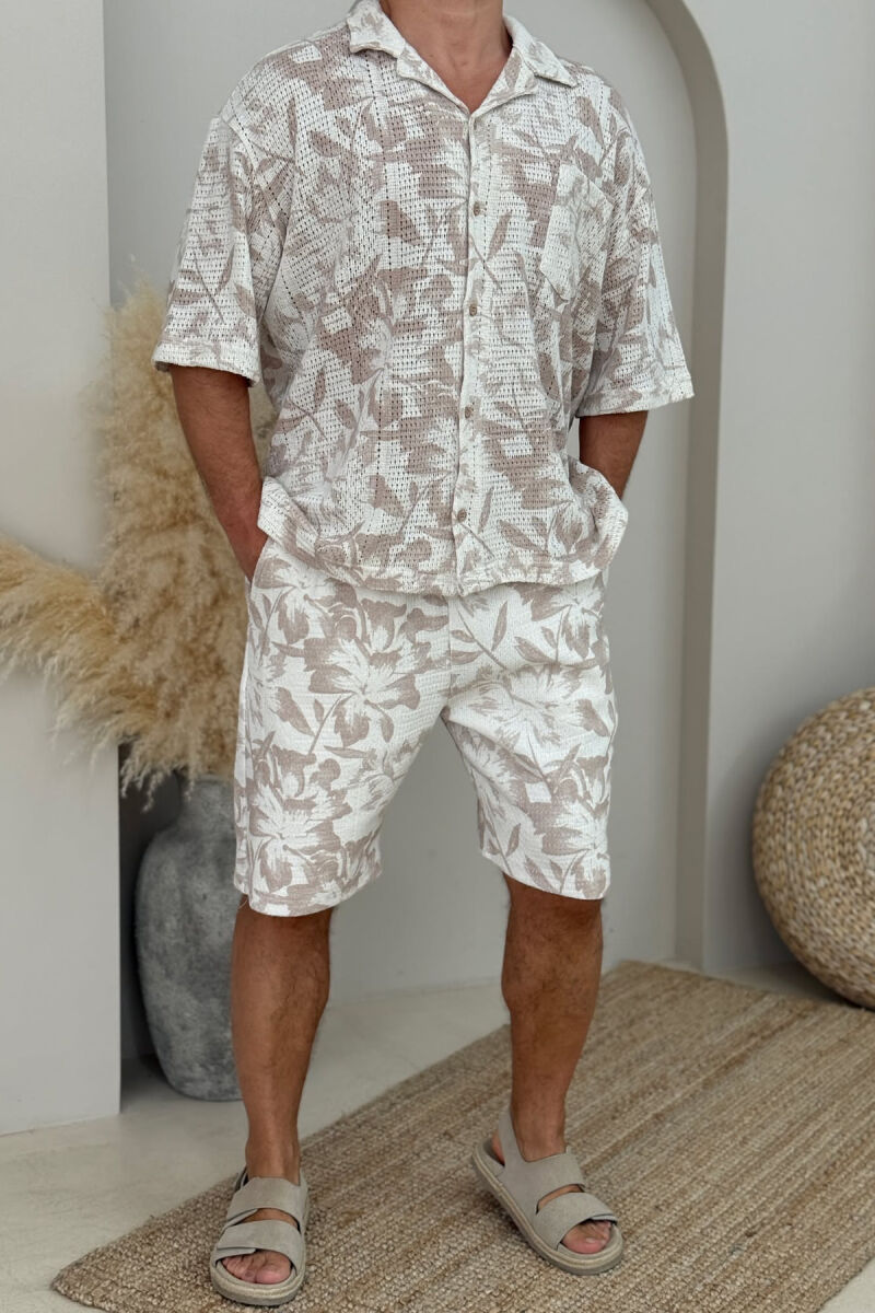 SHORT SLEEVES SHIRT+SHORTS DESIGNED MEN SET BEIGE/BEZHE - 1