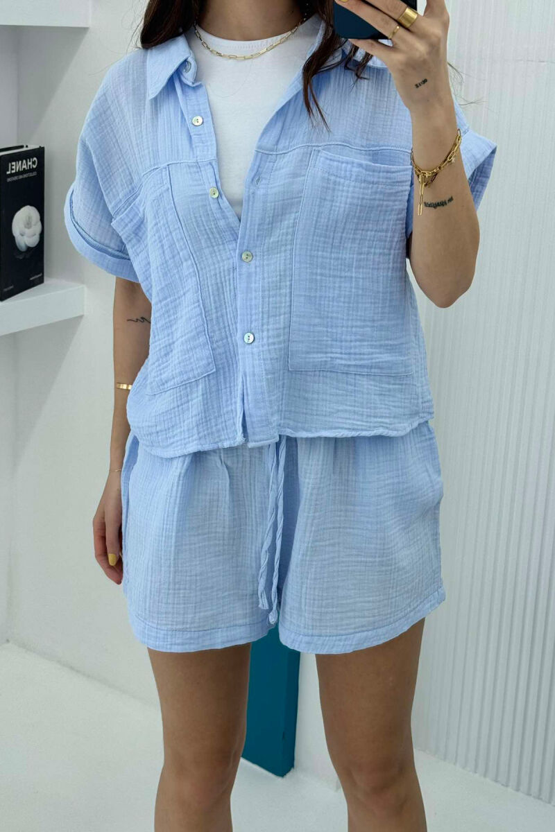SHORT SLEEVES SHIRT+SHORTS ONE COLOR WOMEN SET BABY BLUE/BLU BY - 3