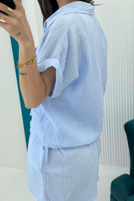 SHORT SLEEVES SHIRT+SHORTS ONE COLOR WOMEN SET BABY BLUE/BLU BY - 4
