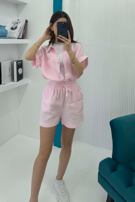 SHORT SLEEVES SHIRT+SHORTS ONE COLOR WOMEN SET BABY PINK/ROZB - 1