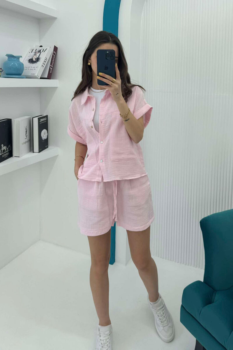 SHORT SLEEVES SHIRT+SHORTS ONE COLOR WOMEN SET BABY PINK/ROZB - 3