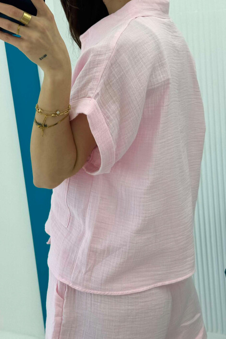 SHORT SLEEVES SHIRT+SHORTS ONE COLOR WOMEN SET BABY PINK/ROZB - 4