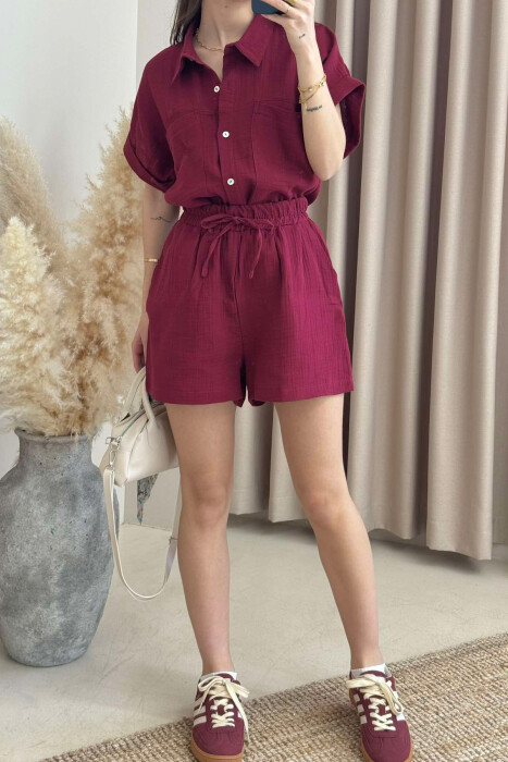 SHORT SLEEVES SHIRT+SHORTS ONE COLOR WOMEN SET BURGUNDY/VISHNJE - 2