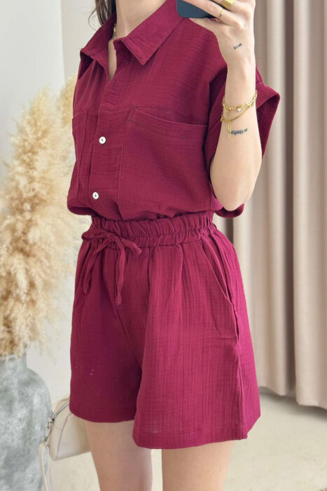 SHORT SLEEVES SHIRT+SHORTS ONE COLOR WOMEN SET BURGUNDY/VISHNJE - 3