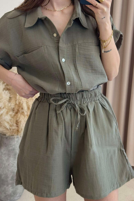 SHORT SLEEVES SHIRT+SHORTS ONE COLOR WOMEN SET OLIVE/ULLI - 3