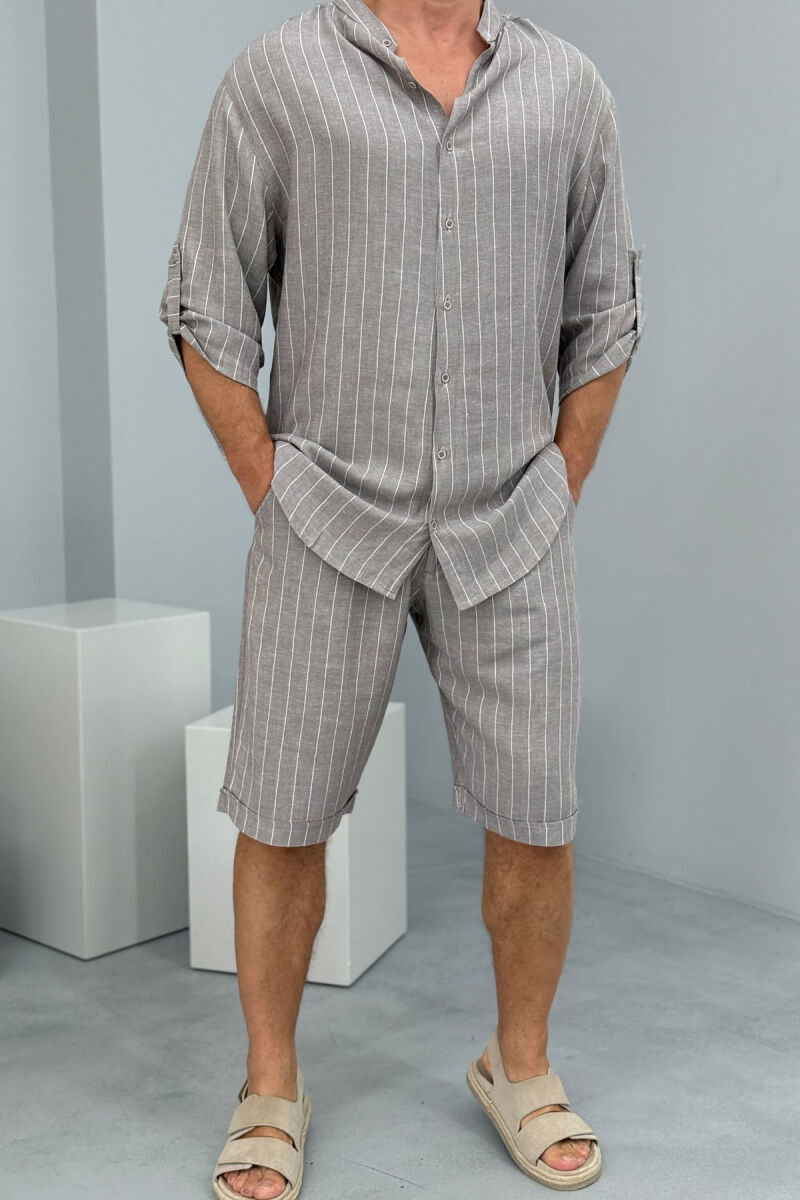 SHORT SLEEVES SHIRT+SHORTS STRIPED MEN SET GREY/GRI - 1