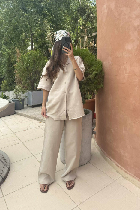 SHORT SLEEVES SHIRT+TROUSERS WOMEN SET BEIGE/BEZHE - 1