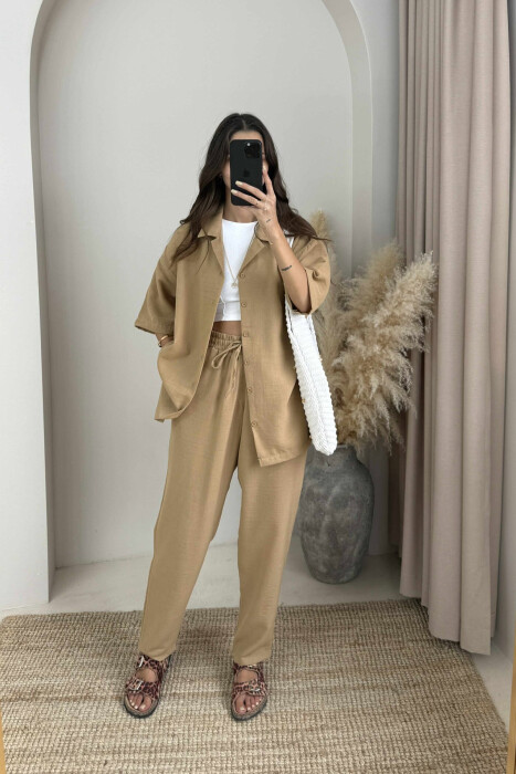 SHORT SLEEVES SHIRT+TROUSERS ONE COLOR WOMEN SET BEIGE/BEZHE 