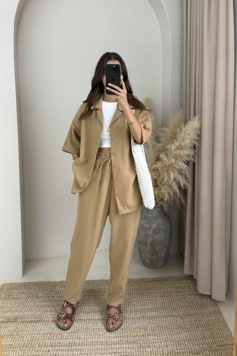 SHORT SLEEVES SHIRT+TROUSERS ONE COLOR WOMEN SET BEIGE/BEZHE - 1