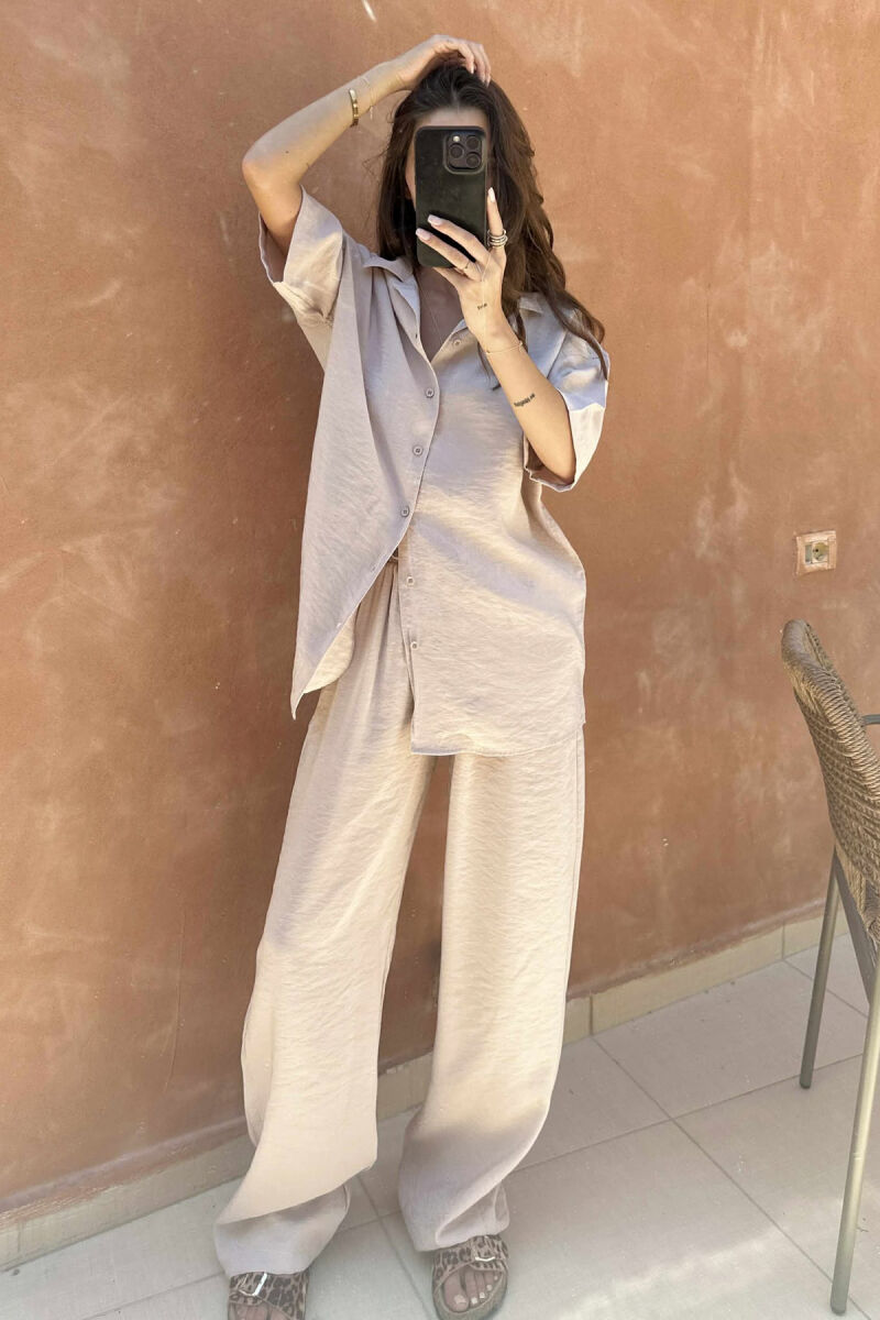 SHORT SLEEVES SHIRT+TROUSERS ONE COLOR WOMEN SET BEIGE/BEZHE - 1